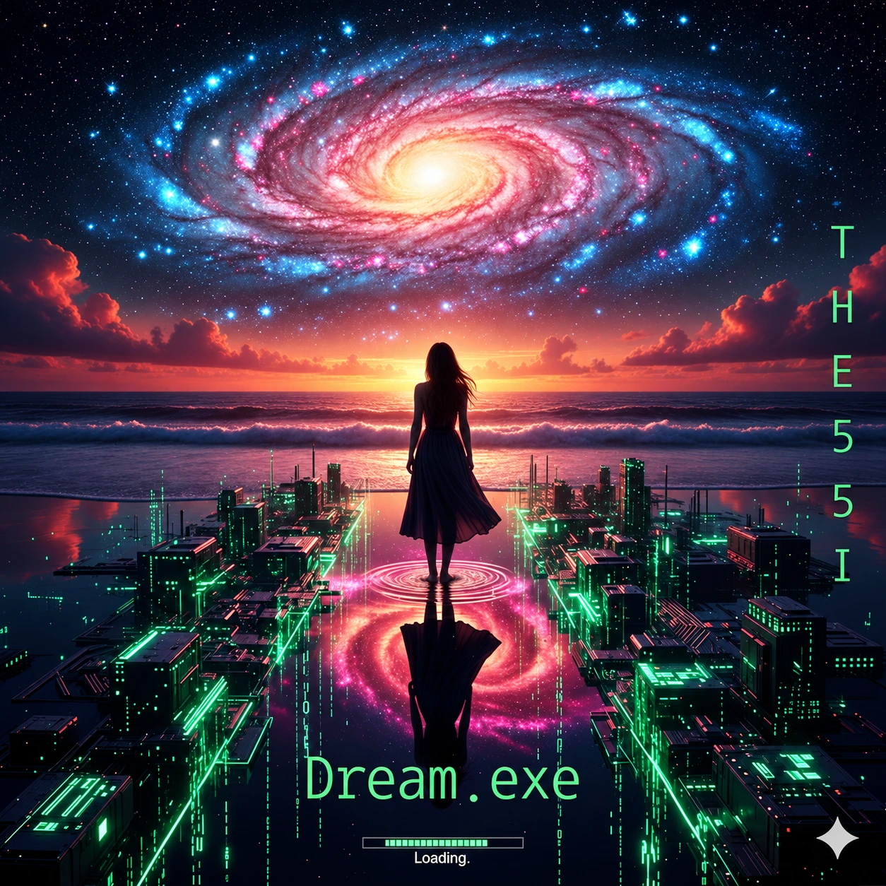 Dream.exe cover: a woman above a luminous digital city, beneath an immense spiral galaxy and a vivid twilight sky.